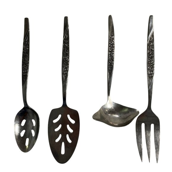 Vintage Nasco Rosevine Stainless Steel Flatware Korea Serving Set Of 4 Hostess - Picture 1 of 16